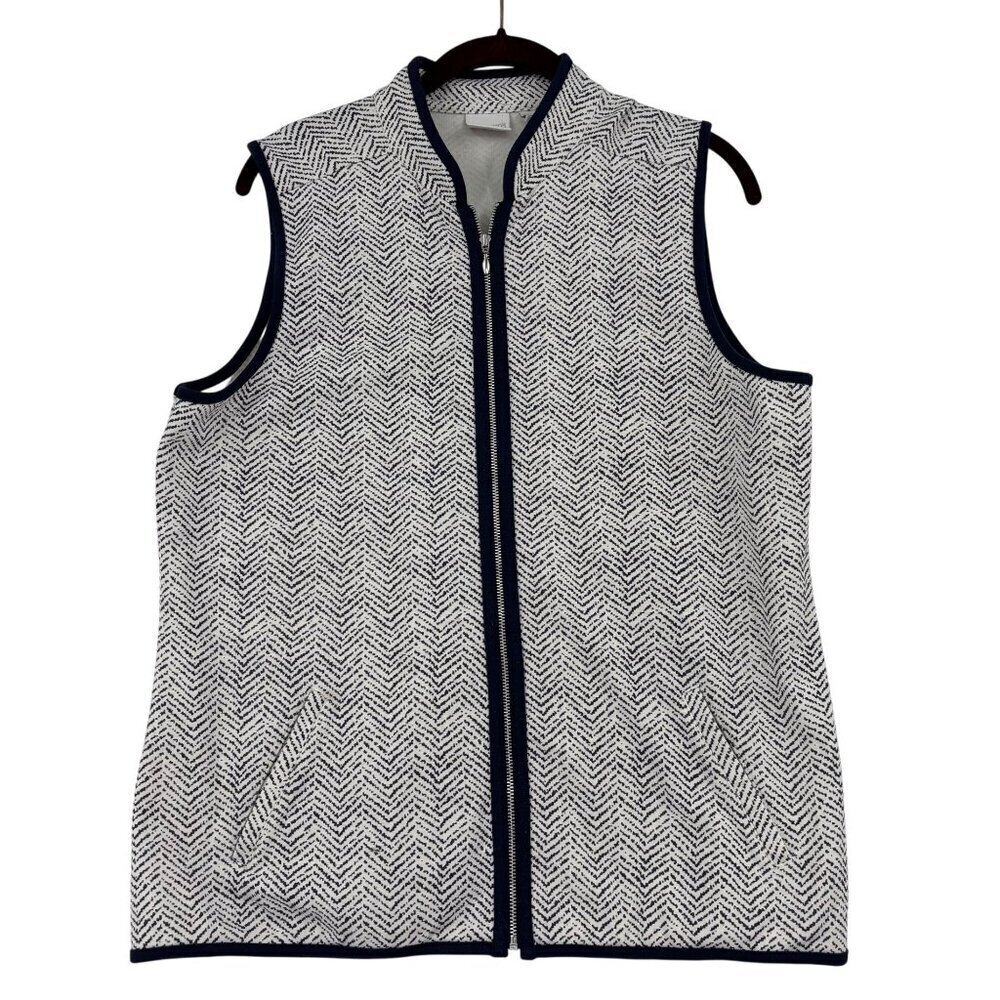 Weekends Chico's Vest Women's Size M Blue White Chevron‎ Print Sleeveless Zip Up
